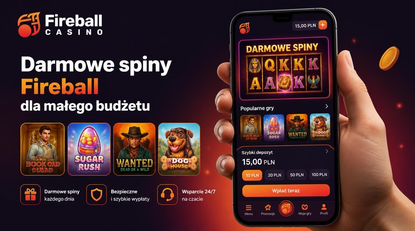 ekran kasyna z darmowymi spinami i napisem „Darmowe spiny Fireball dla małego budżetu