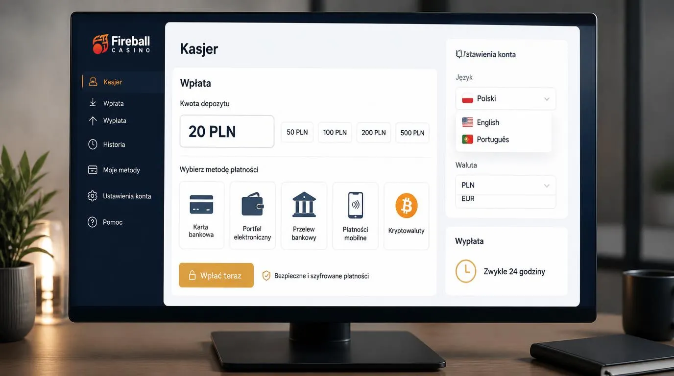 Panel kasy z wyborem metod płatności, depozytem 20 PLN oraz ustawieniami języka polskiego i waluty PLN