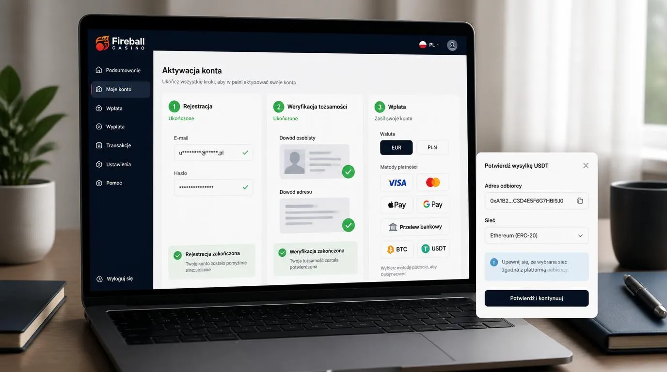 Panel konta z potwierdzoną tożsamością i adresem oraz wyborem waluty PLN lub EUR przed wpłatą