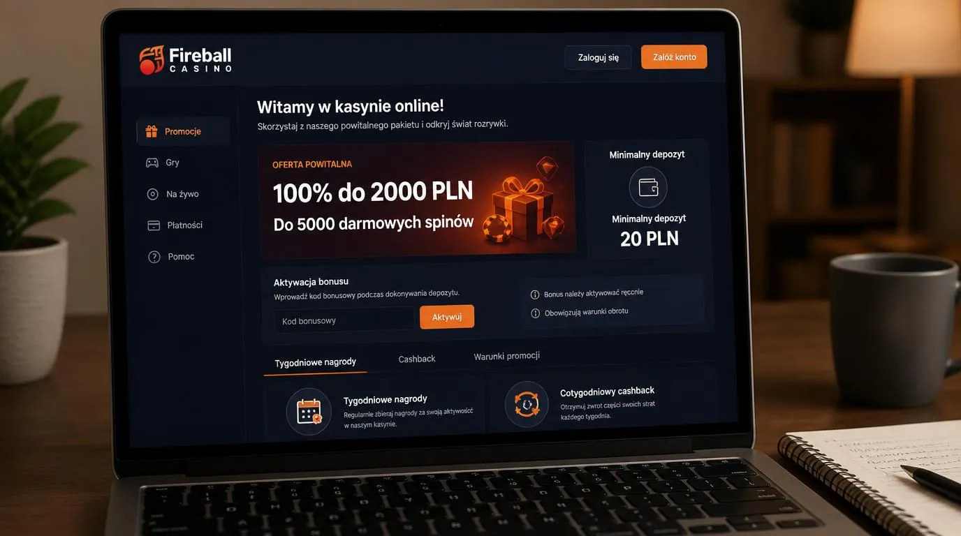 Panel oferty powitalnej z bonusem 100% do 2000 PLN, pakietem do 5000 spinów i minimalnym depozytem 20 PLN